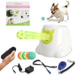 Automatic Small Dog Ball Launcher - Remote Control Interactive Fetch Machine Thrower for Small and Medium Sized Dogs with 6 High-Bounce Washable Latex Balls, Training Clicker, and Whistle – White