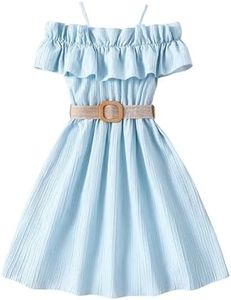 Happy Cherry Solid Color Ruffle Trim Sleeveless Dresses for Girls with Belt Dance Midi Dress Hawaiian Off Shoulder Sundresses Pageant Spaghetti Strap Dress Blue 9-10 Years
