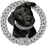 Dog Chain Diamond Collar Silver Walking Metal Chain 12 mm Wide Necklace with Secure Buckle Pet Cuban Style Collar Jewelry Accessories for Small Medium Large Dog Cats (14 inch, Silver)