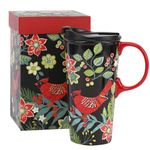 DUSVALLY Ceramic Mug Coffee Mug with Lid and Handle Porcelain Cup with Box 17oz.Red Bird