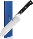 KEEMAKE Santoku Knife 7 inch, Japanese Chef Knife with High Carbon German Stainless Steel Blade, Sharp Kitchen Knife with Ergonomic Black Handle Professional Cooking Knife with Gift Box