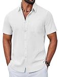 COOFANDY Men's Short Sleeve Cotton Shirt Summer Regular Fit Casual Shirts with Pockets White M