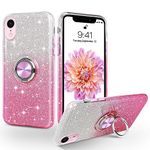 SouliGo Compatible with Apple XR Case, Slim Thin Shinny Sparkly Soft TPU Shockproof Protective Ring Kickstand Hybrid Protection Car Mount Support Girls Women 6.1 Apple XR Cover, Pink Glitter