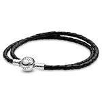 Pandora Jewelry - Black Leather Charm Bracelet for Women with Sterling Silver, 15.0 IN / 38 CM