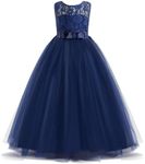 M MUNCASO Prom Dresses for Kids,Flower Girls Floral Lace Sleeveless Floor Length Wedding Formal Dress,Bow Tie Lace Girls Princess Dress,First Communion Pageant Dresses Wedding Flower Dress Blue