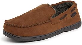 Dearfoams Men's Microsuede Moccasin with Whipstitch Slipper, Chestnut, Large (Wide)