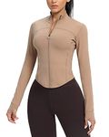 AVGO Women's Workout Jacket Lightweight Zip Up Cropped Running Yoga Jackets Athletic Tops with Thumb Holes(Cream Coffee,Medium)