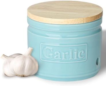 LEETOYI Ceramic Garlic Keeper with Wooden Lid, 4.1 Inch Garlic Holder for Countertop, Ventilated Garlic Pot for Kitchen, Garlic Saver to Keep Your Garlic Cloves Fresh Longer (Turquoise)