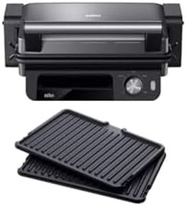 Braun MultiGrill 5 CG5033IGY, Electric Steak Grill, Contact Grill with Knob, Temperature Adjustment, 3 Cooking Positions, Removable and Washable Plates, Open Plate 30x22cm, 2000W, Black