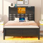 Rolanstar Bed Frame Twin Size with Charging Station, Bookcase Headboard Bed with LED Light and Sliding Doors, Platform Bed with Wooden Slats, No Box Spring Needed, Noise Free, Black