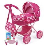 Peppa Pig: Baby Classic Doll Pram Set - Pink & White Dots - 7 Piece Set, Fits Dolls Up to 18", Retractable Canopy, Storage Basket, Diaper Bag & 5 Feeding Accessories, Pretend Play for Kids Ages 3+