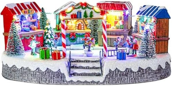 Bdor Christmas Market Village Scene with LED Lights | 8.3 x 5.9 x 5.9 Inches Battery Operated Holiday Decoration with Musical & Animated Market Stalls for Indoor Home Décor