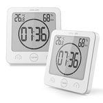 BALDR Waterproof Timer Shower Clock Bathroom Clock Wall Mounted, Displays Time, Temperature, and Indoor Relative Humidity (2 Packs, White)