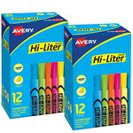 Avery Hi-Liter Desk-Style Highlighters, Chisel Tip, 12 Highlighters, Assorted Colors, 2 Packs (25601)