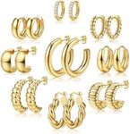 Kakonia 9 Pairs Gold Hoop Earrings Set for Women Lightweight 14K Gold Plated Chunky Hoop Earrings Multipack Hypoallergenic, Thick Open Twisted Huggie Hoops Earring Set