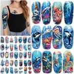 77 Sheets Temporary Tattoo for Women and Men, 17 Sheets Half Arm Shark Dolphin Jellyfish Turtle Fish Fake Tattoos, 60 Sheets Beach Ocean Tiny for Adults Kids Body Tattoos Stickers Waterproof Realistic