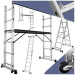 tectake® Aluminium Multi-Purpose Ladder, Adjustable 3-in-1 Scaffolding, Step Ladder, Work Platform, 150 kg Capacity, Durable Folding Frame, Scaffold Safety Bar, Rubber Feet with Wheels