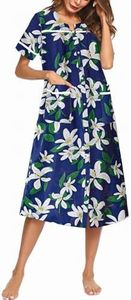 Ekouaer Womens Snap Front Dusters Cotton Housecoat Short Sleeve Nightgown House Dress With Pockets, Blue Floral