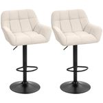 HOMCOM Adjustable Bar Stools Set of 2, Swivel Tufted Linen Fabric Barstools with Footrest and Armrests, Bar Chairs for Kitchen Counter and Dining Room, Cream White