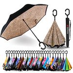 SIEPASA 49/56 Inch Inverted Reverse Upside Down Umbrella, Extra Large Double Canopy Vented Windproof Waterproof Stick Golf Umbrellas with C-shape Handle.(Leopard, 49 Inch)