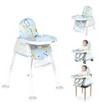 Golden Bee Deluxe 4 in 1 Convertible High Chair for Babies and Toddlers, Feeding Seat with Tray, Wheels, Safety Belt, and Cushion Seat, for Baby Boy & Girl 6 Months to 3 Years (Sky Blue)