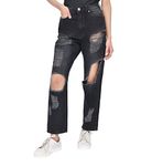 M17 Womens Ladies Denim Multi Rip Mom Jean High Waisted Classic Casual Cotton Trouser Pants with Pockets (14, Black)