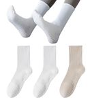 vvallis Pilates Socks, Yoga Socks with Grips for Women, 3 Pairs Non Slip Grip Socks for Barre, Dance, Barefoot Workout (Cotton Blend, C03-2 White+1 Beige)