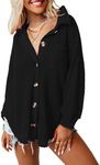 WNEEDU Womens Waffle Knit Botton Down Shirts Casual Long Sleeve Jacket Boyfriend Tops Blouses with Pockets, Black L