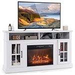 Tangkula Fireplace TV Stand for TVs Up to 65 Inch, Electric Fireplace TV Console w/Remote Control, Overheat Protection, 3-Level Adjustable Brightness, TV Entertainment Center w/23” Fireplace (White)