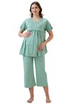AV2 Women's Cotton Printed Maternity & Feeding Night Suit Set of Top & Relaxed Capri Nursing Night Dress Green XX-Large 2124