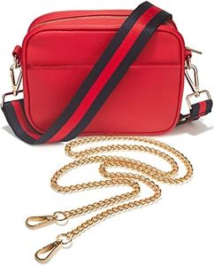 Lily England Cross Body Bag Women - Multiple Pockets - Adjustable Wide Strap and Chain - Black Handbag Crossbody - Over the Shoulder Bag, S. Red - Stripe Strap + Gold Chain