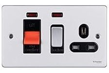 Schneider Electric Ultimate Low Profile - Switched Cooker Control Unit with Single Power Socket, Neon Indicator, 45A, GU4501BBC, Brushed Chrome with Black Insert