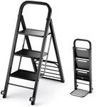 Goplus 2 in 1 Convertible Hand Truck Dolly and Step Ladder, Foldable 3-Step Stool w/Non-Slip Wide Pedals, Household Cart Ladder w/ 2 Wheels, Heavy-Duty 550lbs Capacity Utility Cart w/Ladder, Black