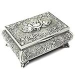 H&S Antique Metal Jewelry Box for Storage - Floral Vintage Jewelry Box for Necklaces & Rings - Silver Trinket Box with Authentic Treasure Chest Design for Women