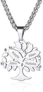Custom4U Collier Personnalisé 4 Prénoms, Pendentif Arbre de Vie en Acier Inoxydable,Bijoux Gravé Noms de Famille,Enfants,Chaine Ajustable 55+5 cm,Cadeau Anniversaire Femme Maman,Grand Mère