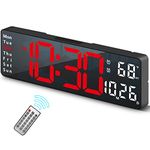 Digital Clock, Digital Wall Clock for Living Room Decor, Desk Alarm Clock for Bedroom, Large Wall Clock with Remote Control, Automatic Brightness Dimmer LED Clock with Date Temperature Week (Red-B)