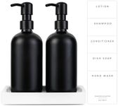 Emerson Essentials Soap Dispenser, Dish Soap Dispenser for Kitchen, Hand Soap Dispenser Bathroom - Kitchen Soap Dispenser Set, Glass Hand Soap and Lotion Set for Bathroom, 16 Oz with Tray - Set of 2