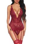 Aranmei Women Sexy Garter Lingerie Set Lace Teddy Bodysuit Deep V Neck Crisscross Back Strap Underwear with Panty (NO Stockings) (Wine Red, XL)