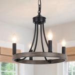 ASHUAQI Black Chandelier, 4 Lights Wagon Wheel Chandelier, Farmhouse Chandeliers Ceiling Light, Industrial Rustic Round Pendant Ceiling Light for Living Room Dining Room Kitchen Hallway Bedroom Hall