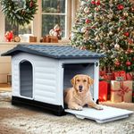 YITAHOME 43.7'' Large Double Door Dog House with Porch & Cushion, Outdoor Plastic Doghouse with Elevated Base, Easy to Install, Water-Resistant Pet House for Medium Large Dogs (43.7''L*33''W*31.6''H)