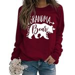 SHAGMTLI Grandma Sweatshirt Womens Grandma Bear Crew Neck Long Sleeve Pullover Casual Lightweight Graphic Pullovers Tops Wine Red