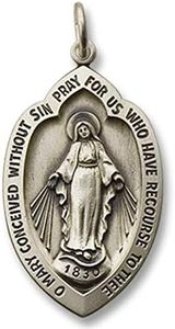 RP 925 Sterling Silver Polished Antiqued-Finish Miraculous Virgin Mary Double Sided Shield Pendant Medal; 13mm X 20mm