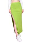 POPWINGS Women Casual Lime Green Long Slit Self Design Rib Skirt