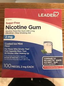LEADER Nicotine Gum Stop Smoking Aid, 2 mg, Nicotine Transdermal System, Ice Mint, Polacrilex Quit Smoking with Behavioral Support Program, Sugar Free, 100 Count, Pack of 2