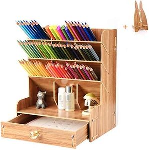 Surplex Large Capacity Wooden Desk Top Organiser with Drawers Multifunction School Home Office Supplies Stationery Storage Tidy Pen Holder Rack for Debris Shelf with Phone, Brown