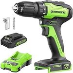Greenworks 24V Brushless Cordless Drill Kit, 310 in./lbs, 18+1 Position Clutch, 1/2 '' Keyless Chuck, Variable Speed, Battery With 2A Charger, LED Light