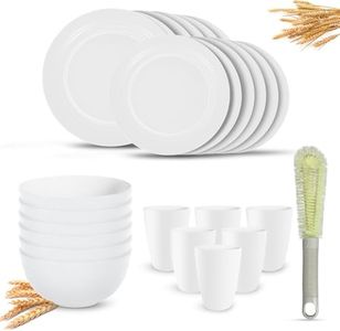 Kitchen Wheat Straw Dinnerware Sets (25pcs) Attached cleaning brush,Service For 6,Plastic Plates and Bowls Sets,Unbreakable Dinnerware,Lightweight Plastic Plate Set