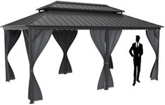 12x20FT Hardtop Gazebo, Galvanized Steel Double Roof Aluminum Pergola with Curtains & Mosquito Net, Permanent Outdoor Pavilion for Patio, Lawn, Garden, Party