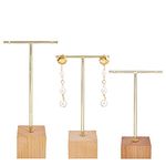 FINGERINSPIRE 3 Pcs Gold Metal T Bar Earring Display Stand 159/139/114mm Height Jewellery Stand with Wooden Square Base Jewelry Holders Hanging Jewelry Organizer for Store Retail Photography Props