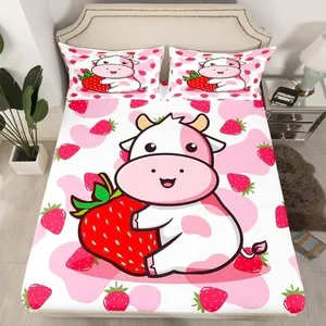 Milk Cow Bed Sheet Set Pink White Cow Strawberry Pattern Fitted Sheet Bedding Sheet for Kids Adults Kawaii Girls Milk Cow Print Comforter Cover Ultra Soft Room Decor Twin Size